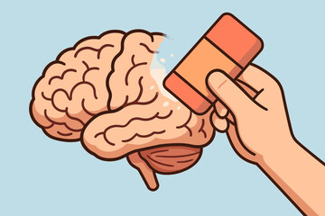 Memory loss concept. Hand erasing human brain with eraser. Metaphor for dementia, Alzheimer's disease, and amnesia. Mental health disorder, forgetting, brain damage vector illustration.