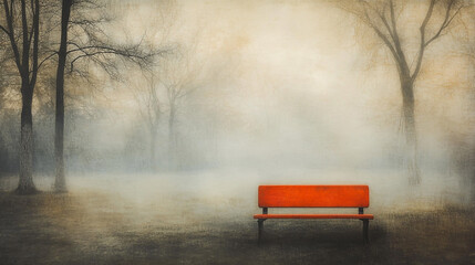 Solitary Orange Bench in a Misty, Fog-Covered Park with Trees and Soft Light.