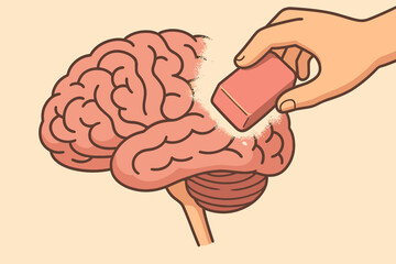Hand with eraser erasing human brain. Metaphor for memory loss, amnesia, Alzheimer's disease, dementia. Concept of forgetting, cognitive decline, brain damage, mental disorder.