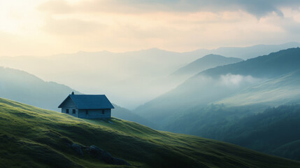 Solitary House on a Hilltop Overlooking Misty Mountains at Sunrise, Soft Light and Serene Atmosphere.
