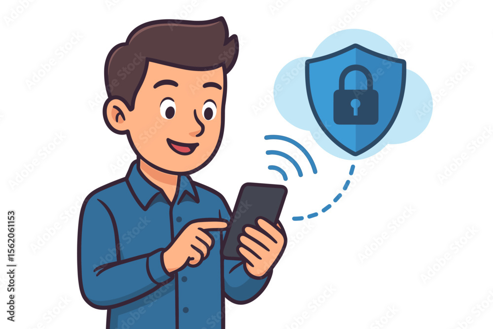 Poster man using smartphone with secure mobile connection. concept of cybersecurity, cloud data protection,