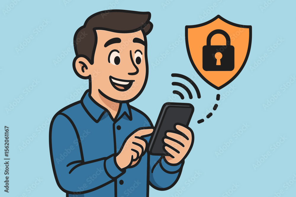 Poster man using secure mobile phone connection concept. cybersecurity and data privacy. happy cartoon char