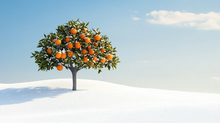 Solitary Orange Tree Standing on a Snow-Covered White Slope with Clear Sky and Winter Landscape.