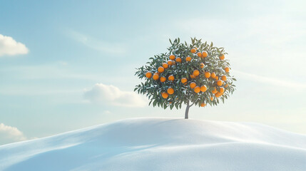 Solitary Orange Tree Standing on a Snow-Covered White Slope with Clear Sky and Winter Landscape.