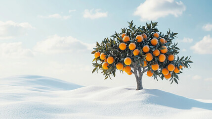 Solitary Orange Tree Standing on a Snow-Covered White Slope with Clear Sky and Winter Landscape.