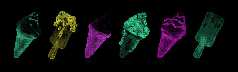 3d colorfull set of ice cream. 3d sweet set in style y2k brutalism pixel
