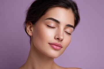 Fototapeta premium Serene portrait of a young woman with closed eyes exuding calmness and inner peace in a softly lit outdoor setting