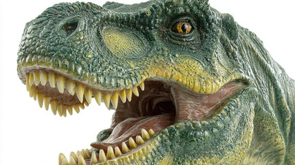 Obraz premium Menacing T-Rex figurine with razor-sharp teeth, isolated on white, showcasing primal ferocity and intricate craftsmanship.