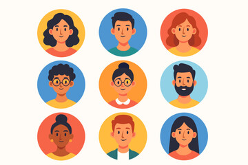 Diverse people avatar collection. Set of round user profile icons for social media or business network. Vector cartoon illustration of multicultural men and women portraits.
