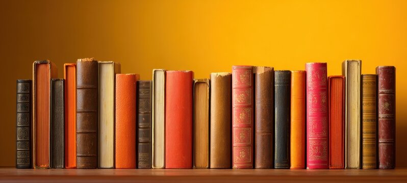 The colorful collection of vintage books against a vibrant orange background.