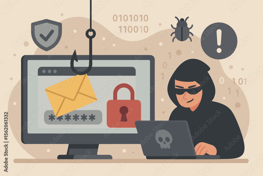 Poster phishing scam and hacker attack vector concept. cybercriminal with laptop stealing private data and 