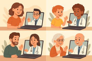 Online doctor consultation set. Telehealth and telemedicine concept with diverse patients of various ages having video calls with medical specialists on laptops. Remote healthcare.