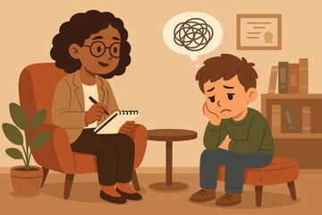 Child psychology session. Professional therapist helping young boy with tangled thoughts, anxiety, depression, mental health. Cartoon illustration for therapy, counseling, support, care.