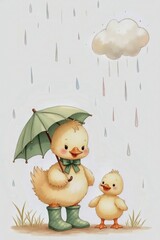 Watercolor illustration of Ducklings enjoy a rainy day under an umbrella in a cheerful setting
