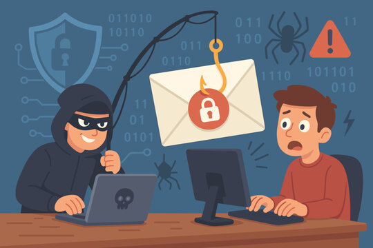 Phishing scam concept with hacker stealing email password. Cyber criminal with fishing rod attacking user. Internet fraud, data theft and cybersecurity awareness vector cartoon.
