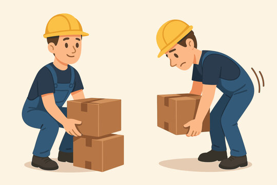 Proper and improper lifting technique guide. Man demonstrating correct and incorrect posture for manual handling of heavy boxes. Workplace safety, ergonomics, back pain prevention.