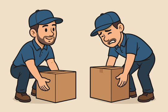 Proper versus improper lifting technique. Man correctly lifting a heavy box to prevent back injury. Wrong posture causing back pain. Manual handling and ergonomics safety guide.