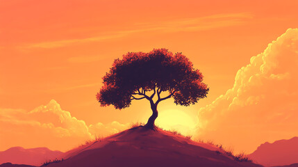 Solitary Tree Standing on a Cloud-Covered Mountaintop During a Stunning Sunset, with Dramatic Sky and Warm Lighting.