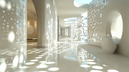 Spacious Bright White Modern Corridor Featuring Sleek Reflective Glass Walls and Striking Geometric Design Elements.