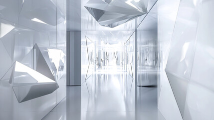 Spacious Bright White Modern Corridor Featuring Sleek Reflective Glass Walls and Striking Geometric Design Elements.