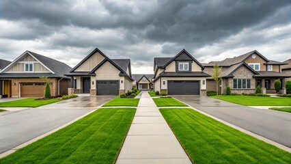 Luxury Suburban Homes, Modern Architecture, Stormy Sky, Asphalt Driveway, Lush Green Lawns