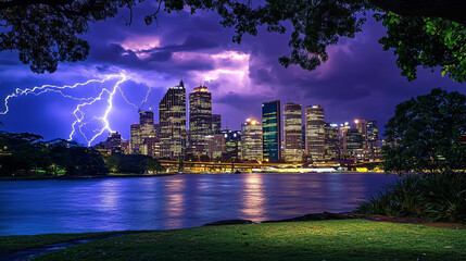 Stunning cityscape showcasing the dynamic contrast between vibrant urban life and the powerful energy of lightning, as the skyline is illuminated by dramatic bolts of nature’s raw force for imagery.