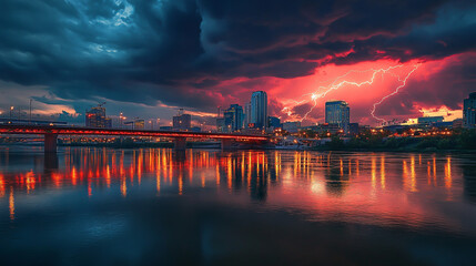 Stunning cityscape showcasing the dynamic contrast between vibrant urban life and the powerful energy of lightning, as the skyline is illuminated by dramatic bolts of nature’s raw force for imagery.