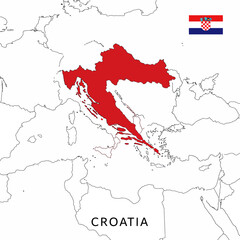 Obraz premium Illustrated map of Croatia with national flag, showcasing its geographic location in Europe and coastal outline.