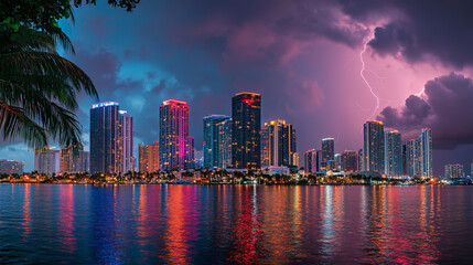 Stunning cityscape showcasing the dynamic contrast between vibrant urban life and the powerful energy of lightning, as the skyline is illuminated by dramatic bolts of nature’s raw force for imagery.