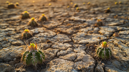 Stunning desert landscape featuring resilient cacti thriving in harsh, dry conditions, showcasing their incredible adaptability and strength in a vast, barren terrain.