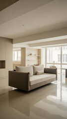 Modern Minimalist Beige Sofa in Bright Open Plan Apartment Living Room