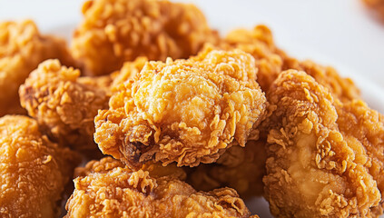Crispy chicken pieces arranged on plate, showcasing golden brown texture and deliciously crunchy coating, perfect for savory meal