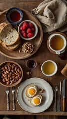 Folk-Style Homemade Morning Meal on Wooden Table Flat Lay
