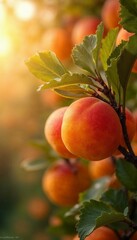 Ripe apricots hanging on a branch with leaves in warm sunlight for fruit and nature photography