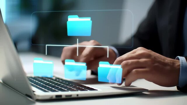 Digital file and folder management. Boost productivity with cloud, storage, organize documents, laptop, data transfer, & security, businessman, growth, subfolder, backup, document, exchange concept. 