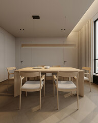 Modern minimalist dining room interior featuring a sleek wooden dining table with matching chairs and neutral-toned upholstery. The space is illuminated by a linear pendant light and accented by soft 