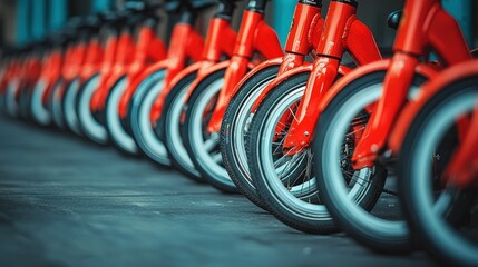 Row of bright red bikes, close-up on wheels