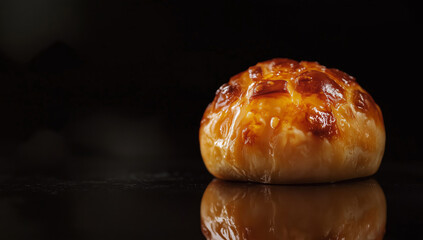 Close up shot of golden brown cheese bun, showcasing its glossy surface and delicious texture, evokes sense of warmth and comfort
