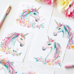 Vibrant and Colorful Unicorn Stationery Set Featuring Four Playful and Whimsical Designs on a Clean White Background.