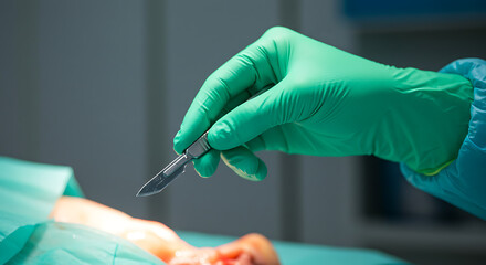 Surgeon holding scalpel over patient during surgery in operating room  