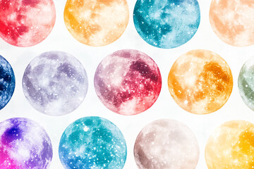 Vibrant and textured celestial moons in various colors with sparkling stars on a clean white background, ideal for mystical, dreamy, or cosmic-themed artwork and designs.