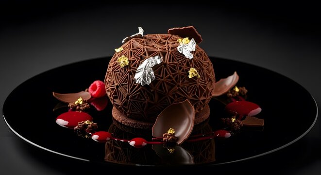 Hyper-Realistic 3D-Printed Chocolate Dessert with Gold and Silver Leaf Accents
