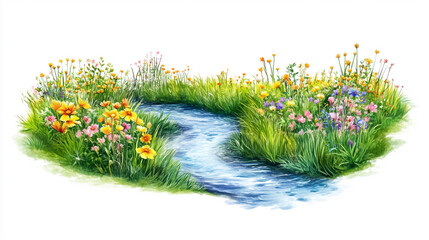 Vibrant, colorful winding river flowing through blooming wildflowers and dense, lush green grass, isolated on a clean white background - ideal for nature, spring, landscape, and floral themes.