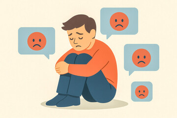 Illustration of a distressed man sitting alone, overwhelmed by negative speech bubbles, symbolizing the emotional impact of cancel culture.