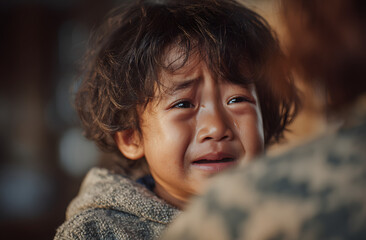 Homeless child crying for his family / Military soldiers killed her family and they destroyed their houses