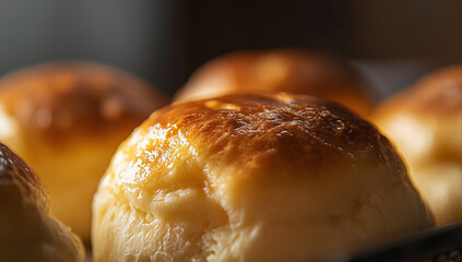 Close up shot of golden cheese buns, showcasing their soft texture and appetizing appearance, evokes sense of warmth and comfort