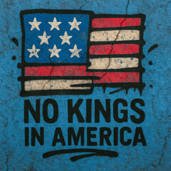 Grungy wall art featuring a stylized distressed American flag and bold text reading “No Kings in America,” expressing anti-monarchy sentiment.