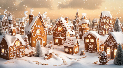 Whimsical Gingerbread Village in a Snowy Winter Holiday Scene with Festive Decorations and Cozy Atmosphere.