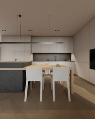 Modern scandinavian kitchen design with island and decor , 3d rendering 