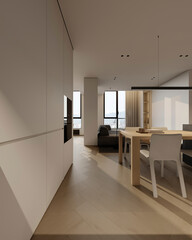 Open space living room and kitchen interior with large windows, cozy sofa, dining table and hardwood flooring. Modern design solution, 3d rendering